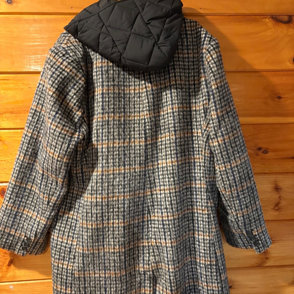 Bernardo‎ Mens XXL Plaid Wool Blend Hooded Bib Coat Blue Tan 24300B277 - Picture 2 of 9